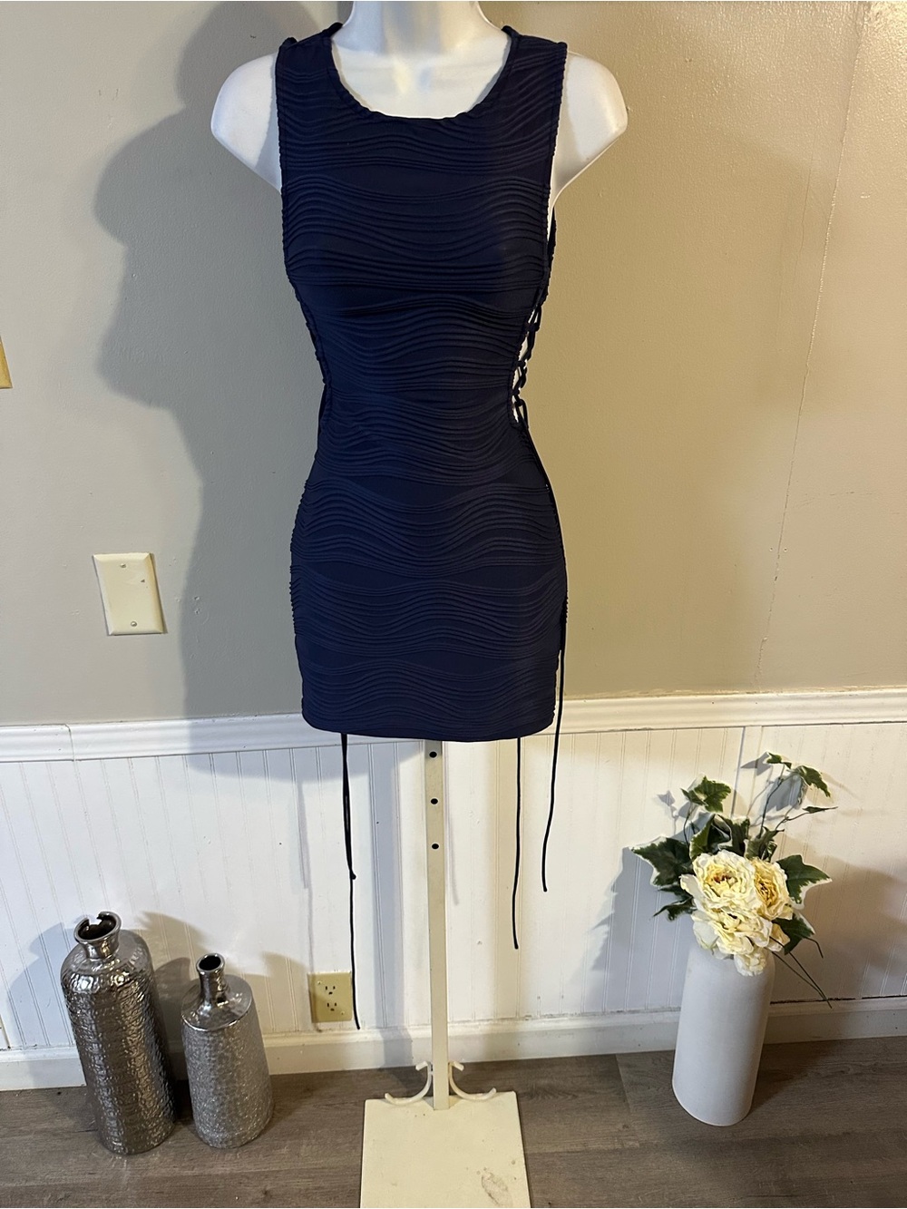 SHEIN Navy Textured Sleeveless Lace-Up Mini Dress
